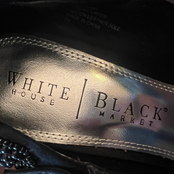 White House Black Market Black Satin Floral Beaded High Heels Open Toe Design 7M - Picture 13 of 17